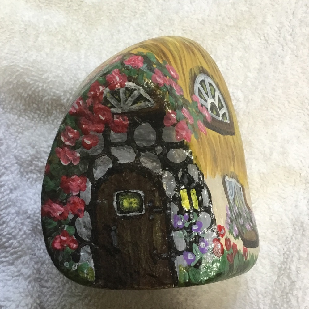 Hand-Painted Fairy Cottage Rock - Yellow Thatch Roof with Pink Flowers